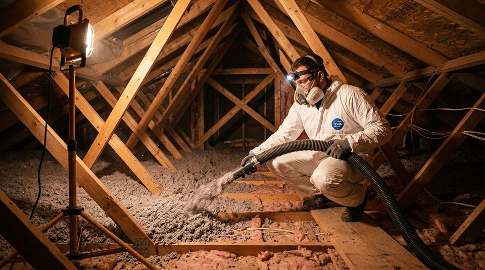 Insulation contractor blowing cellulose insulation in a residential attic in Hawkesbury, Ontario